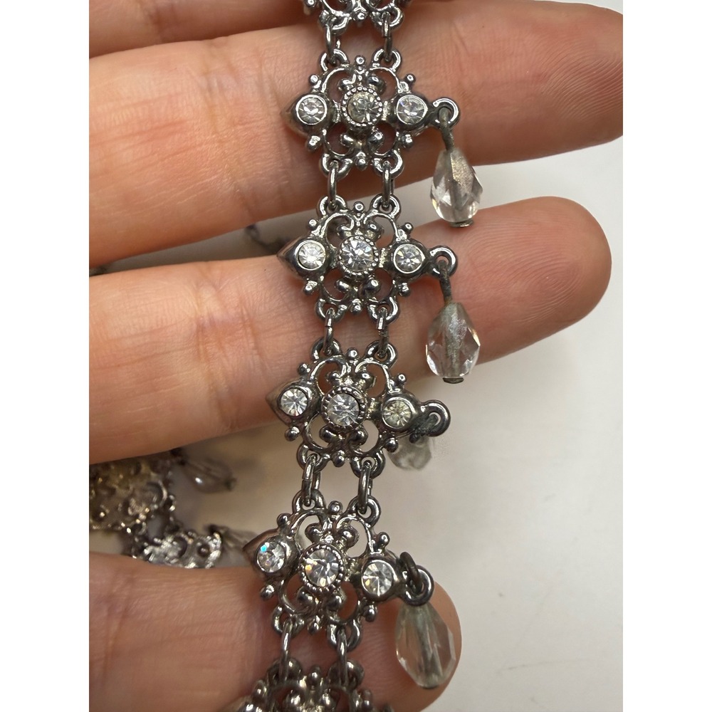 Silver Tone Filigree Rhinestone Teardrop Dangle Choker Necklace Victorian Style